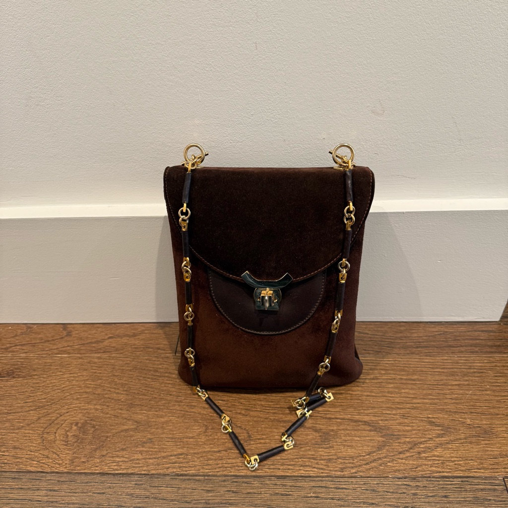 Bellido Dark Brown Suede Shoulder Bag With Gold Chain Strap